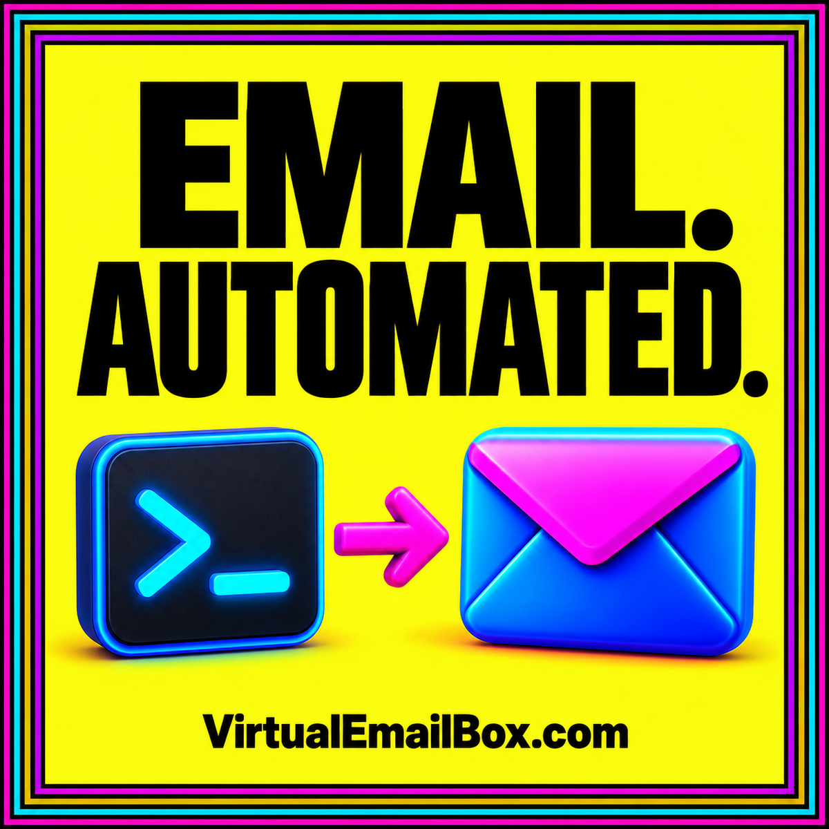 Email automated: a command-line symbol connected to a neon envelope